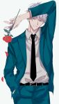  1boy absurdres bangs belt black_belt black_necktie blue_eyes coat collared_shirt falling_petals flower gojou_satoru hand_in_pocket highres holding holding_flower jujutsu_kaisen looking_at_viewer necktie petals red_flower red_rose rose rose_petals shirt short_hair shu_(oshigoto_boshuuchuu) smile solo white_background white_hair 