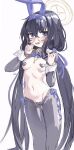  1girl animal_ears black_hair blue_archive blue_eyes blush bow bowtie breasts collar glasses hair_between_eyes halo highres long_hair meme_attire navel nemo_(leafnight) pasties rabbit_ears reverse_bunnysuit reverse_outfit simple_background small_breasts twintails ui_(blue_archive) very_long_hair white_background wrist_cuffs 