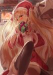  1girl alternate_costume bell black_thighhighs blonde_hair blush chimney christmas christmas_present detached_sleeves dress ereshkigal_(fate) fate/grand_order fate_(series) fire fireplace gift hair_ribbon hat highres inugami86 long_hair neck_bell red_bridal_gauntlets red_dress red_ribbon red_sleeves ribbon sack santa_costume santa_hat sitting solo thighhighs 
