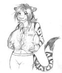 2007 anthro biped bottomwear breasts clothing darkzuri dated felid female mammal nipples pantherine pants simple_background solo tiger traditional_media_(artwork) white_background 
