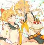  1boy 1girl ahoge anniversary bare_shoulders bass_clef belt birthday_cake blonde_hair blue_eyes blush bow cake commentary_request confetti crop_top feeding food fork fruit hair_bow hair_ornament hairclip happy_birthday holding holding_cake holding_food holding_fork holding_plate kagamine_len kagamine_rin looking_at_another lying midriff_peek mimi_mine neckerchief necktie on_back plate sailor_collar shirt short_ponytail short_sleeves shorts sitting sitting_on_lap sitting_on_person sleeveless sleeveless_shirt strawberry strawberry_shortcake streamers treble_clef vocaloid white_bow yellow_nails yellow_neckerchief yellow_necktie 