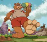  2023 3_toes 4_fingers aircraft airship anthro barefoot bear bottomwear building clothed clothing cloud cloudscape feet fingers forest fur grass holding_ship low-angle_view macro male mammal mountain open_mouth pants paws plant shirt sky solo teaselbone teddy_ruxpin teddy_ruxpin_(series) toes topwear tree waterfall wide_eyed 