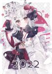  1girl 2022 animal animal_ears animal_on_head aoi_yugina arrow_(projectile) bangs black_bow black_choker black_gloves bow brown_eyes checkered_background chinese_zodiac choker cowboy_shot cub egasumi ema fur_collar gloves grey_hair grey_kimono hair_bow hair_ornament hamaya highres holding holding_animal holding_arrow japanese_clothes kimono long_hair long_sleeves looking_at_viewer new_year obi on_head original ribbon_choker sash snowing solo standing tiger tiger_ears tiger_girl wide_sleeves wind year_of_the_tiger 