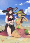  2girls absurdres alternate_costume beach breasts dorothea_arnault fire_emblem fire_emblem:_three_houses fire_emblem_heroes food fruit grapes hat high_heels highres looking_at_viewer multiple_girls nail_polish official_alternate_costume open_mouth petra_macneary ponytail sand swimsuit takobaka watermelon 