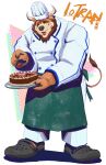  2021 absurd_res anthro bear beard bovid bovine brown_beard brown_body cake cattle character_name chef_hat chef_uniform cherry clothing crocs dessert digital_media_(artwork) eyes_closed facial_hair food fruit full-length_portrait hat headgear headwear hi_res holding_cake holding_food holding_object hybrid iotran_(character) male mammal overweight overweight_male pinkgirlpen plant portrait solo tail tail_tuft tuft 