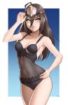  1girl absurdres breasts brown_hair covered_navel hand_on_hip highres long_hair medium_breasts morag_ladair_(obligatory_leave)_(xenoblade) morag_ladair_(xenoblade) see-through_swimsuit solo swimsuit visor_cap watermark x_xith_x xenoblade_chronicles_(series) xenoblade_chronicles_2 