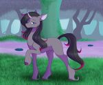  2018 black_hair black_tail blue_eyes cloven_hooves curved_horn daikaluff digital_drawing_(artwork) digital_media_(artwork) equid equine female feral fetlocks forest forest_background full-length_portrait fur grass grey_body grey_fur hair hooves horn looking_at_viewer mammal nature nature_background oleander_(tfh) plant portrait purple_hooves quadruped raised_hoof solo standing tail them&#039;s_fightin&#039;_herds tree unicorn woodland 