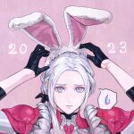  1girl 2023 animal_ears blush breasts cape closed_mouth edelgard_von_hresvelg fire_emblem fire_emblem:_three_houses fire_emblem_warriors:_three_hopes hair_ornament hair_ribbon long_hair looking_at_viewer mueririko official_alternate_costume official_alternate_hairstyle purple_eyes rabbit_ears red_cape ribbon simple_background solo white_hair 