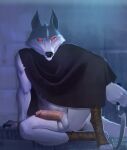  anthro balls black_nose black_sclera canid canine canis cloak clothing death_(puss_in_boots) dreamworks erection fur genitals grey_body grey_fur hi_res humanoid_genitalia humanoid_penis korichi looking_at_viewer male mammal melee_weapon penis puss_in_boots_(film) puss_in_boots_the_last_wish red_eyes sitting solo weapon wolf 