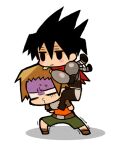  2boys alba_(senyuu) armor black_hair blush brown_hair carrying chibi green_shorts multiple_boys orange_shirt red_scarf ross_(senyuu) scarf sen&#039;yuu. shaking shirt shorts shoulder_armor shoulder_carry simple_background sunaosunao white_background 