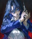  1girl black_nails blue_eyes blue_hair collarbone dagger eyelashes formal gradient gradient_background hair_intakes highres hololive hololive_english ink ink_stain knife looking_at_viewer ouro_kronii pale_skin parted_lips quasarcake roman_numeral shirt solo suit weapon white_shirt 