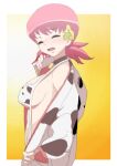  1girl animal_print backlighting bangs bell black_choker blush breasts choker closed_eyes commentary_request cow_print cowboy_shot ear_tag from_side highres japanese_clothes kimono kimono_pull large_breasts long_sleeves low_twintails makoto_daikichi medium_hair neck_bell one-piece_swimsuit partial_commentary pink_hair pokemon print_kimono print_swimsuit pulled_by_self slingshot_swimsuit solo sunlight sweat swimsuit twintails undressing white_kimono white_one-piece_swimsuit whitney_(pokemon) 