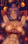 1girl antlers arm_up armpits arms_up artist_name bangs bleach blurry blurry_background blush breasts brown_eyes choker christmas christmas_ornaments dark-skinned_female dark_skin elbow_gloves fake_antlers gloves highres large_breasts long_hair looking_at_viewer navel parted_bangs parted_lips ponytail purple_hair red_choker red_gloves reindeer_antlers shihouin_yoruichi solo star_(symbol) star_choker sweat toned ultrabinou upper_body yellow_eyes 