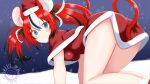  1girl absurdres animal_ears blue_eyes breasts christmas hair_ornament hakos_baelz hat highres holocouncil hololive hololive_english looking_at_viewer medium_breasts mistletoe mouse_ears mouse_girl mouse_tail multicolored_hair red_hair santa_costume santa_hat snow streaked_hair tail virtual_youtuber 