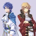  2boys absurdres ascot bangs blonde_hair blue_cape blue_eyes blue_hair brown_eyes cape coat commentary_request eldigan_(fire_emblem) fire_emblem fire_emblem:_genealogy_of_the_holy_war high_collar highres jacket long_sleeves looking_at_viewer male_focus melka_(elyss-abyss) multiple_boys open_clothes open_coat purple_background red_coat short_hair sigurd_(fire_emblem) simple_background smile sword upper_body weapon white_ascot white_jacket 