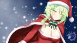  1girl absurdres bangs bow breasts ceres_fauna christmas green_hair hat highres holocouncil hololive hololive_english large_breasts long_hair looking_at_viewer md5_mismatch merriegold_d santa_costume santa_hat snow virtual_youtuber yellow_eyes 