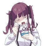  1girl black_ribbon bow cevio closed_eyes crying dress_shirt eating food frown highres holding holding_food natsuki_karin open_mouth purple_bow purple_hair ribbon shirt simple_background solo spoon suspenders synthesizer_v toudou_charo trembling white_background yogurt 