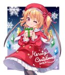  1girl 2022 alternate_costume black_pantyhose blonde_hair blue_background box capelet closed_mouth coat crystal english_commentary english_text fang feet_out_of_frame flandre_scarlet gift gift_box gradient gradient_background green_ribbon hair_ribbon holding holding_gift long_sleeves looking_at_viewer medium_hair merry_christmas mimi_(mimi_puru) multicolored_wings nail_polish one_eye_closed one_side_up pantyhose pine_tree red_capelet red_coat red_eyes red_headwear red_nails red_ribbon ribbon shiny shiny_hair skin_fang smile snowflake_background solo touhou tree wings 