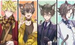  4boys :3 :d ahoge alban_knox animal_ear_fluff animal_ears artist_name bangs bell black_choker black_gloves black_jacket black_ribbon blazer blonde_hair blue_background blue_eyes blush brown_hair brown_scarf buttons cat_boy cat_ears cat_tail checkered_clothes checkered_scarf choker closed_mouth column_lineup commentary crossed_bangs ear_ornament english_commentary fangs formal glasses gloves gradient_hair green_background green_eyes grey_eyes grey_hair grey_shirt grey_vest hair_between_eyes hair_ornament hairclip hand_up heart heterochromia ike_eveland jacket jingle_bell kemonomimi_mode lapels long_sleeves looking_at_viewer male_focus multicolored_hair multiple_boys mysta_rias neck_bell neck_ribbon necktie nijisanji nijisanji_en off_shoulder open_clothes open_jacket open_mouth orange_background parted_bangs pinstripe_pattern pinstripe_vest purple_eyes purple_necktie red_background red_jacket ribbon scarf semi-rimless_eyewear shirt short_hair sidelocks single_bare_shoulder sleeveless sleeveless_shirt smile sonny_brisko striped striped_vest suit szainx tail tank_top tongue tongue_out twitter_username under-rim_eyewear upper_body vertical-striped_vest vertical_stripes vest virtual_youtuber white_shirt white_vest yellow_eyes yellow_jacket 