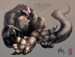  2017 4_toes abs anthro big_feet big_muscles bodily_fluids brown_body digital_media_(artwork) english_text feet forked_tongue huge_muscles long_tongue looking_at_viewer male muscular muscular_anthro muscular_arms muscular_male phes pinkgirlpen red_sclera reptile scalie snake solo sweat sweaty_feet text toes tongue tongue_out viscous_sweat 
