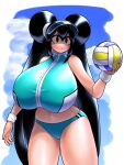  1girl aqua_bikini bare_shoulders bikini black_hair blue_sky breasts cloud day double_bun hair_bun hand_up harashima_rojami highres huge_breasts kuma_(kumahoihoi) long_hair navel no_nose original purple_eyes sky solo standing sweat swimsuit thighs visor_cap volleyball white_wristband wristband 