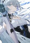  1girl absurdres aged_up bangs bare_shoulders breasts bronya_zaychik bronya_zaychik_(silverwing:_n-ex) cleavage dress drill_hair grey_eyes grey_hair gun hair_between_eyes hair_ornament highres holding holding_gun holding_weapon honkai_(series) honkai_impact_3rd jewelry large_breasts long_hair looking_at_viewer lupinu5 parted_lips pointing pointing_at_viewer pointing_weapon simple_background sleeveless sleeveless_dress smile solo twin_drills weapon white_background white_dress 