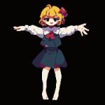  1girl 4qw5 :d ascot barefoot black_background black_vest blonde_hair full_body hair_ribbon long_sleeves looking_at_viewer open_mouth outstretched_arms pixel_art red_ascot red_ribbon ribbon rumia shirt short_hair simple_background smile solo touhou vest white_shirt 