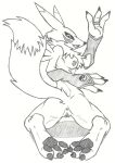 anthro anus armband bandai_namco black_sclera breasts butt chest_tuft claws digimon digimon_(species) dogwash female genitals gesture graphite_(artwork) kneeling mostly_nude nipples pawpads pencil_(artwork) pussy rear_view renamon solo tail toe_claws traditional_media_(artwork) tuft waving yin_yang 