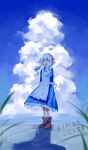  1girl ^_^ aaniko apron arms_at_sides bangs blue_dress blue_sky blue_theme boots brown_footwear closed_eyes cloud day dress facing_viewer frilled_apron frilled_dress frills full_body grass hair_ribbon hairband highres kagerou_project kozakura_marry mekakucity_actors open_mouth outdoors painting_(medium) pink_hairband pink_ribbon ribbon shadow sky smile solo standing thank_you traditional_media wavy_hair white_apron white_hair 
