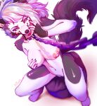  anthro big_breasts blep breasts canid canid_demon canine canis chain claws collar demon female genitals hair hellhound helluva_boss hi_res leash loona_(helluva_boss) mammal myoniis nipples nude pussy red_sclera sitting smile solo spiked_collar spikes teeth tongue tongue_out white_hair wolf 