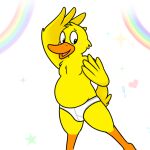  &lt;3 anatid anseriform anthro avian beak bird briefs briefs_only clothed clothing daddy_duck duck exclamation_point feathers male navel nishi_oxnard orange_beak rainbow simple_background smile solo star tighty_whities topless underwear underwear_only white_background white_briefs white_clothing white_underwear yellow_body yellow_feathers 