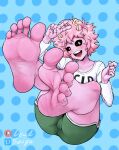  2022 5_fingers 5_toes ashido_mina barefoot black_sclera clothing feet female fingers foot_focus gesture hair horn horned_humanoid humanoid humanoid_feet lewdsaiga looking_at_viewer my_hero_academia not_furry open_mouth open_smile pink_body pink_hair pink_skin plantigrade signature simple_background smile soles solo toes v_sign 