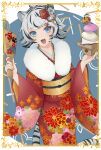  1girl animal_ears bangs black_hair blue_eyes chinese_zodiac commentary floral_print flower food fruit fur_collar furisode grey_hair hagoita hair_flower hair_ornament hanetsuki highres holding holding_paddle japanese_clothes kagami_mochi kimono long_sleeves looking_at_viewer mandarin_orange minato_yodaka multicolored_hair new_year obi open_mouth original paddle print_kimono red_kimono sash short_hair smile solo standing streaked_hair tail tiger_ears tiger_girl tiger_tail wide_sleeves year_of_the_tiger 