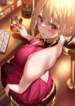  1girl :o alcohol ass backless_dress backless_outfit bar_(place) bare_shoulders blonde_hair blush bottle breasts commentary_request counter cup dress drinking_glass glint holding holding_cup large_breasts lycoris_recoil nishikigi_chisato official_alternate_costume pantyhose red_dress red_eyes short_hair sitting solo stool tile_floor tiles women&#039;s_wallet xe_(execut3r) 