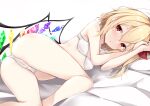  1girl ass bangs bare_arms bat_wings bed_sheet blonde_hair blush bow bra breasts cameltoe covered_nipples crystal eyelashes flandre_scarlet hair_between_eyes hair_bow half-closed_eyes head_on_pillow highres kashiwagi_yamine legs looking_to_the_side lying medium_hair multicolored_wings nude on_bed on_side open_mouth own_hands_together panties rainbow_order red_bow red_eyes side_ponytail sidelocks simple_background small_breasts solo thighs touhou underwear white_background white_bra white_panties wings 