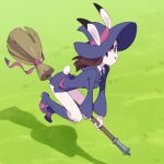  1girl animal_ears belt boots breasts broom broom_riding brown_hair chinese_zodiac ears_through_headwear english_commentary flying furrification furry furry_female hat highres kagari_atsuko little_witch_academia long_hair looking_at_viewer luna_nova_school_uniform new_year optionaltypo outdoors rabbit_ears rabbit_girl rabbit_tail school_uniform signature solo tail white_fur witch witch_hat year_of_the_rabbit 
