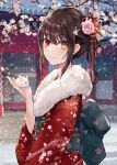  1girl architecture asle black_hair branch cherry_blossoms clock_eyes closed_mouth date_a_live east_asian_architecture floral_print flower from_side fur-trimmed_kimono fur_trim hair_flower hair_ornament hand_up heterochromia highres holding japanese_clothes kimono looking_at_viewer looking_to_the_side obi open_hand ponytail rabbit rabbit_hair_ornament red_eyes red_kimono sash shrine smile snowing solo symbol-shaped_pupils tokisaki_kurumi upper_body yellow_eyes 