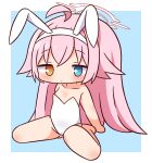  1girl ahoge animal_ears bangs bare_arms bare_legs bare_shoulders barefoot blue_archive blue_background blue_eyes blush breasts brown_eyes chibi closed_mouth collarbone commentary_request fake_animal_ears full_body hair_between_eyes hairband halo hana_kazari heterochromia highres hoshino_(blue_archive) leotard long_hair looking_at_viewer pink_hair playboy_bunny rabbit_ears sitting small_breasts solo strapless strapless_leotard two-tone_background very_long_hair wariza white_background white_hairband white_leotard 