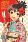  1girl 2017 arrow_(projectile) artist_logo artist_name bangs brown_eyes brown_hair checkered_background chinese_zodiac commentary_request ema floral_print flower furisode green_kimono hair_flower hair_ornament hairclip half_updo hamaya happy_new_year hibiscus holding holding_arrow japanese_clothes kimono long_sleeves looking_at_viewer new_year obi open_mouth original pairan print_kimono red_flower sash short_hair sidelocks smile solo standing translated upper_body wide_sleeves year_of_the_rooster 