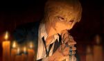  1boy bangs black_jacket black_necktie blonde_hair blood blood_on_clothes blood_on_face blood_on_hands blurry blurry_background chain closed_mouth collared_shirt cross gugong_(90_un) hair_between_eyes highres hunter_x_hunter jacket jewelry kurapika latin_cross lit_candle looking_away multiple_rings necktie red_eyes ring shirt short_hair solo suit_jacket white_shirt 