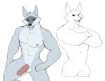  2022 anthro balls black_sclera canid canine canis death_(puss_in_boots) dreamworks erection fur genitals grey_body grey_fur hi_res humanoid_genitalia humanoid_penis jrjresq looking_at_viewer male mammal muscular muscular_anthro muscular_male nude penis pink_penis puss_in_boots_(film) puss_in_boots_the_last_wish solo wolf 