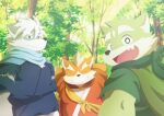  2023 anthro biped canid canine canis clothed clothing detailed_background domestic_dog eyes_closed green_body group hi_res homohomofever kemono mammal ninja orange_body oroshi_(the_spicy_ninja_scrolls) outside plant shichimi_(the_spicy_ninja_scrolls) the_spicy_ninja_scrolls tree warrior wasabi_(the_spicy_ninja_scrolls) 