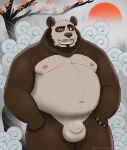  2023 animal_genitalia anthro ari_guardian balls bear belly big_belly detailed_background genitals giant_panda hi_res male mammal moobs navel nipples overweight overweight_male penis plant sheath smoking solo tree 