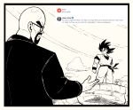  2boys animification bald black_border border breaking_bad crossover dougi dragon_ball dragon_ball_z english_commentary english_text facial_hair glasses goatee highres jacket monochrome multiple_boys open_hand open_mouth screencap_inset shadow son_goku spiked_hair toriyama_akira_(style) walter_white xtremexavier 