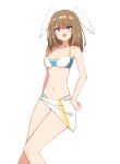  bikini blue_eyes breasts brown_hair chirun0 contrapposto eunie_(xenoblade) feet_out_of_frame halterneck hand_on_hip head_wings highres looking_at_viewer medium_breasts medium_hair multi-strapped_bikini_bottom multicolored_bikini multicolored_clothes navel official_alternate_costume open_mouth sarong swimsuit white_background white_sarong white_wings wings xenoblade_chronicles_(series) xenoblade_chronicles_3 