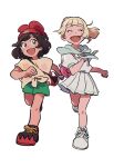  2girls :d backpack bag bangs beanie blonde_hair blunt_bangs blush brown_eyes brown_hair clenched_hands closed_eyes commentary elizabeth_(tomas21) eyelashes green_shorts happy hat highres lillie_(pokemon) long_hair multiple_girls open_mouth pink_bag pleated_skirt pokemon pokemon_(game) pokemon_sm red_headwear running selene_(pokemon) shirt shoes short_sleeves shorts skirt smile tied_shirt yellow_shirt 