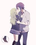  1boy 1girl bangs blazer blue_hair blue_jacket cardigan closed_eyes collared_shirt diagonal-striped_necktie green_hair grey_cardigan hand_on_another&#039;s_arm height_difference highres jacket kamishiro_rui kamiyama_high_school_uniform_(project_sekai) kiss kusanagi_nene long_hair long_sleeves multicolored_hair necktie necktie_grab neckwear_grab plaid plaid_skirt project_sekai purple_hair school_uniform shirt short_hair skirt skunlv sleeves_rolled_up streaked_hair striped_necktie tiptoe_kiss tiptoes wavy_hair yellow_eyes 