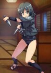  :o architecture bangs black_footwear black_hair blue_eyes blurry blurry_background bracer commentary_request depth_of_field dual_wielding east_asian_architecture funa_fukube hanten_(clothes) highres holding holding_weapon kouno_hikaru kunai looking_at_viewer ninja old_school_swimsuit original sandals school_swimsuit short_hair shouji sliding_doors standing swimsuit swimsuit_under_clothes tatami teeth upper_teeth_only weapon 