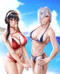  2girls bangs beach bikini black_hair blue_bikini blush breasts cowboy_shot day easonx fiona_frost hair_over_one_eye hand_on_hip highres large_breasts lips looking_at_viewer mature_female multiple_girls outdoors red_bikini red_eyes short_hair spy_x_family swimsuit yor_briar 