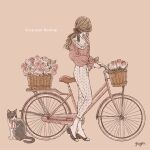  1girl animal bicycle bicycle_basket black_footwear black_ribbon blouse brown_hair casual cat commentary english_text facing_away flower flower_basket frilled_shirt frills full_body grey_cat ground_vehicle leaf long_hair long_sleeves looking_back making-of_available muted_color original pants pink_background pink_flower pink_ribbon pink_rose pink_shirt pink_theme pink_tulip ponytail ribbon rose shirt simple_background sitting standing traditional_media tulip turning_head two-tone_shirt wavy_hair white_pants yayoi_(french) 